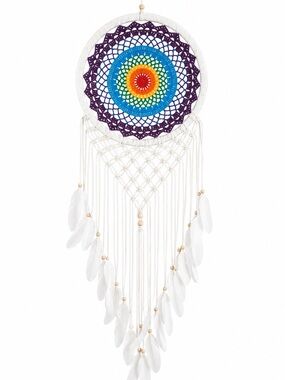 Boho Rainbow Crochet Dreamcatcher with White Feathers